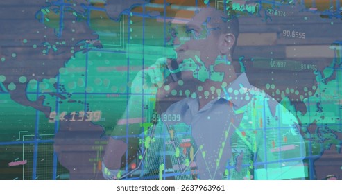 Image of data processing over caucasian businessman talking on smartphone. Global business and digital interface concept digitally generated image.