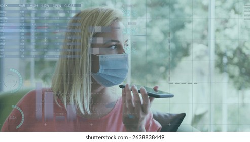 Image of data processing over caucasian women wearing face mask using smartphone. Global science, connections, data processing and digital interface concept digitally generated image.