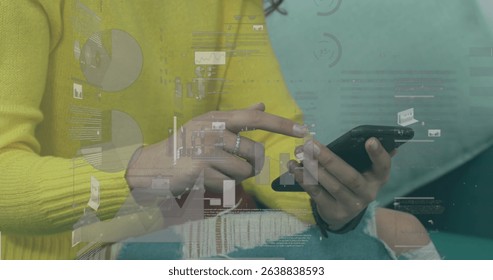 Image of data processing over caucasian woman using smartphone. Global science, connections, data processing and digital interface concept digitally generated image.