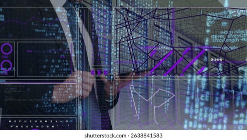 Image of data processing over caucasian businessman in server room. Global business and digital interface concept digitally generated image.