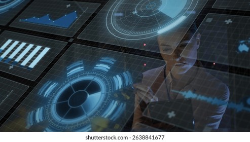 Image of data processing over caucasian female worker in server room. Global business and digital interface concept digitally generated image.