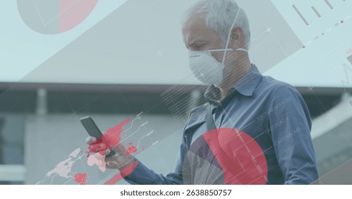 Image of data processing over caucasian men wearing face mask using smartphone. Global science, connections, data processing and digital interface concept digitally generated image.