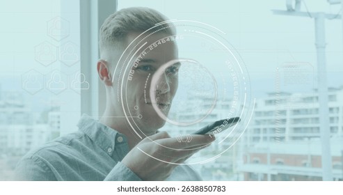 Image of data processing over caucasian men using smartphone. Global science, connections, data processing and digital interface concept digitally generated image.