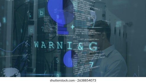Image of data processing over caucasian male worker in server room. Global business and digital interface concept digitally generated image.