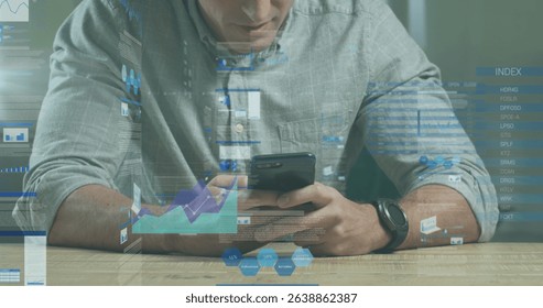 Image of data processing over caucasian using smartphone. Global science, connections, data processing and digital interface concept digitally generated image.
