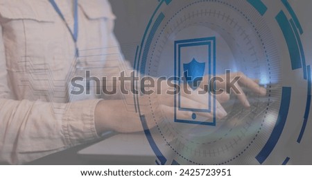Image of data processing over caucasian female worker using laptop in server room. Global business and digital interface concept digitally generated image.