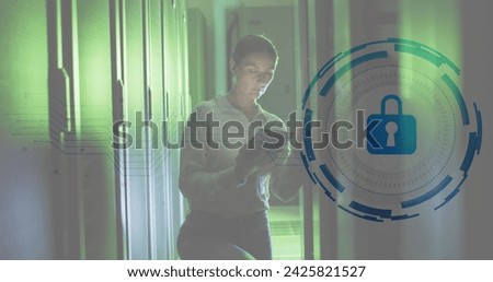Image of data processing over caucasian female worker in server room. Global business and digital interface concept digitally generated image.
