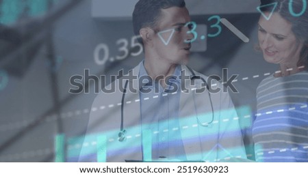 Image of data processing over caucasian male doctor and female patient, global medicine, healthcare and data processing concept digitally generated image