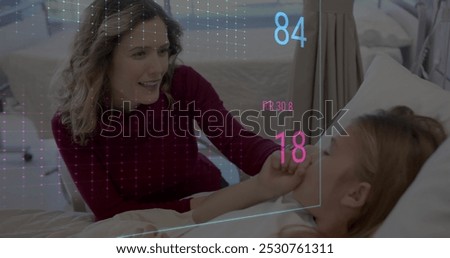 Image of data processing over caucasian female doctor with girl patient. Global medicine, connections, computing and data processing concept digitally generated image.