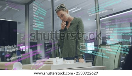 Image of data processing over caucasian businesswoman working at office. Global business and digital interface concept digitally generated image.
