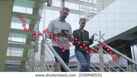 Image of data processing over caucasian business people in office. Global business and digital interface concept digitally generated image.