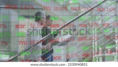Image of data processing over caucasian business people in office. Global business and digital interface concept digitally generated image.