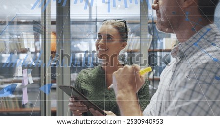 Image of data processing over caucasian business people in office. Global business and digital interface concept digitally generated image.