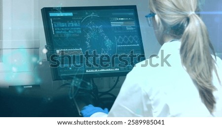 Image of data processing over caucasian female scientist using computer in laboratory. Global science, connections, computing and data processing concept digitally generated image.