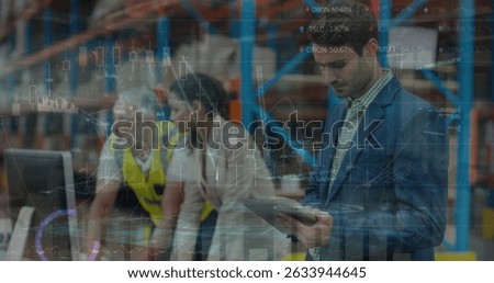 Image of data processing over caucasian male supervisors using digital tablet at warehouse. Logistics business and technology concept