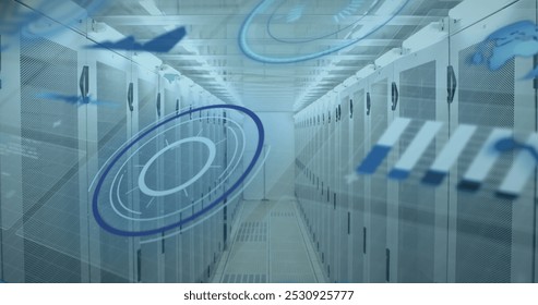 Image of data processing over data center corridor. global connections, data processing and digital interface concept digitallygenerated image.