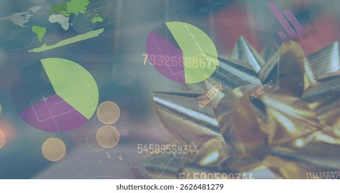 Image of data processing over christmas decorations. global business and digital interface concept digitally generated image.