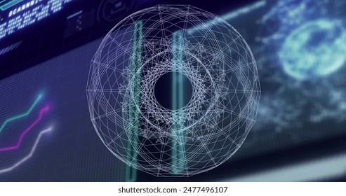 Image of data processing over circles. Global business and digital interface concept digitally generated image.