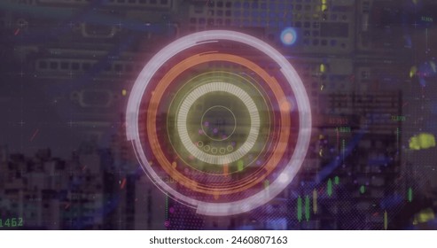 Image of data processing over city. Global business and digital interface concept digitally generated image.