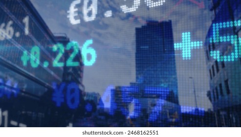Image of data processing over city. Global business and digital interface concept digitally generated image.