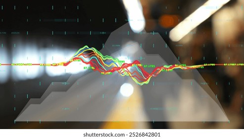 Image of data processing over city at night. Global business and digital interface concept digitally generated image.