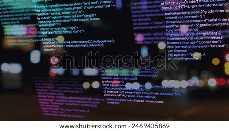 Image of data processing over city at night. global business and digital interface concept digitally generated image.