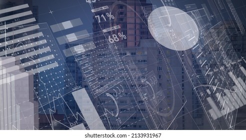 Image of data processing over cityscape. global business, finances, connections and digital interface concept digitally generated image.