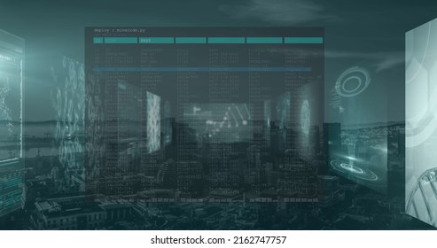 Image of data processing over cityscape. global technology and data processing concept digitally generated image.