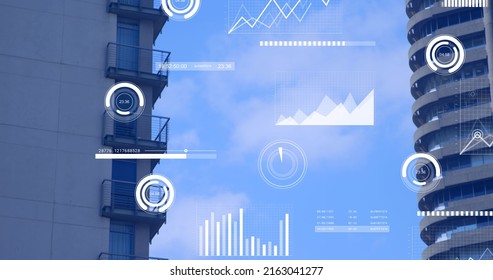 Image of data processing over cityscape. global business and digital interface concept digitally generated image.