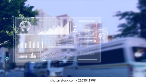 Image of data processing over cityscape. global business and digital interface concept digitally generated image.