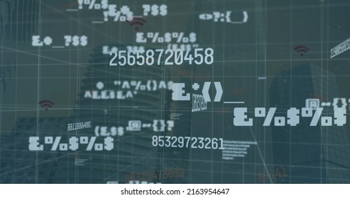 Image of data processing over cityscape. global business, technology and data processing concept digitally generated image.
