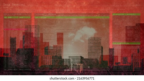 Image of data processing over cityscape on red background. global technology and data processing concept digitally generated image.