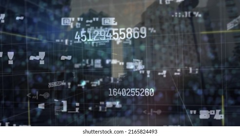 Image of data processing over cityscape. global business, finances and digital interface concept digitally generated image.