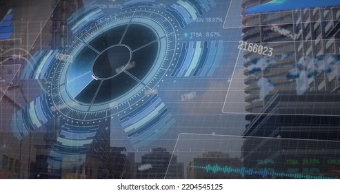 Image of data processing over cityscape. Global business and digital interface concept digitally generated image.