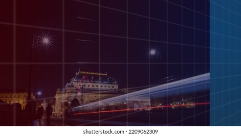Image of data processing over cityscape. Global connections and digital data processing concept digital generated image.