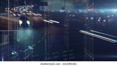 Image of data processing over cityscape. Global business, finances and digital interface concept digitally generated image.