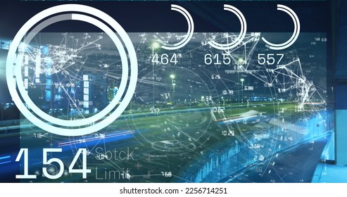 Image of data processing over cityscape on screen. Global business, connections, computing and data processing concept digitally generated image.