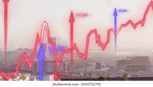 Image of data processing over cityscape. Global business and digital interface concept digitally generated image.