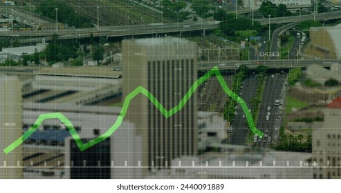 Image of data processing over cityscape. global business and digital interface concept digitally generated image.