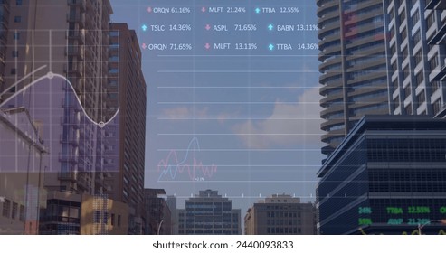 Image of data processing over cityscape. global business and digital interface concept digitally generated image.