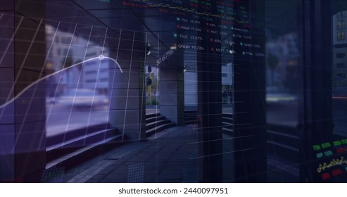 Image of data processing over cityscape. global business and digital interface concept digitally generated image.