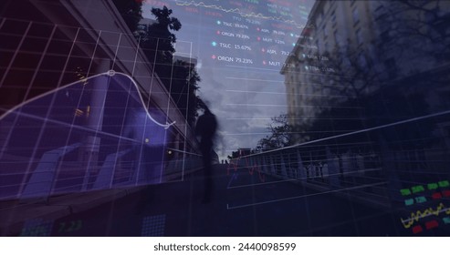Image of data processing over cityscape. global business and digital interface concept digitally generated image.