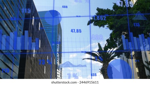 Image of data processing over cityscape. Global business, finances, digital interface, computing and data processing concept digitally generated image.
