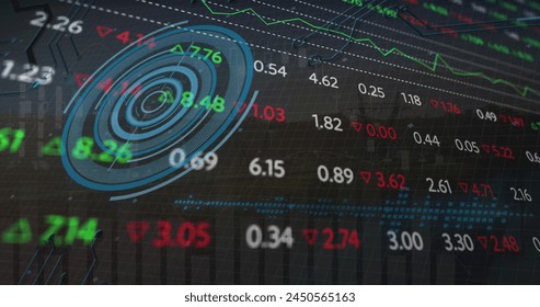 Image of data processing over cityscape. Global business and digital interface concept digitally generated image.