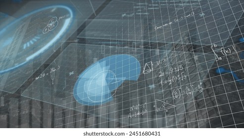 Image of data processing over cityscape. Global business and digital interface concept digitally generated image.