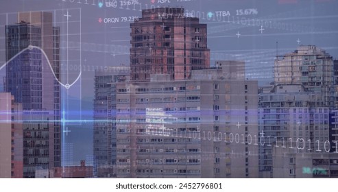 Image of data processing over cityscape. Global technology connections and data processing concept digitally generated image.