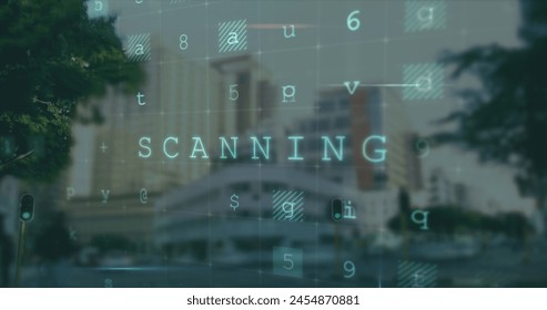 Image of data processing over cityscape. global digital security and identity, digital interface and data processing concept digitally generated image.
