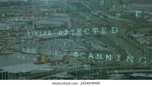 Image of data processing over cityscape. global digital security and identity, digital interface and data processing concept digitally generated image.