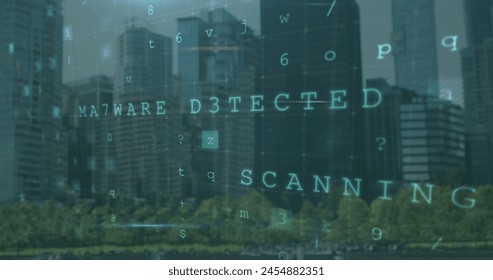 Image of data processing over cityscape. global digital security and identity, digital interface and data processing concept digitally generated image.