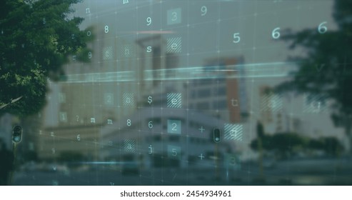 Image of data processing over cityscape. global digital security and identity, digital interface and data processing concept digitally generated image.